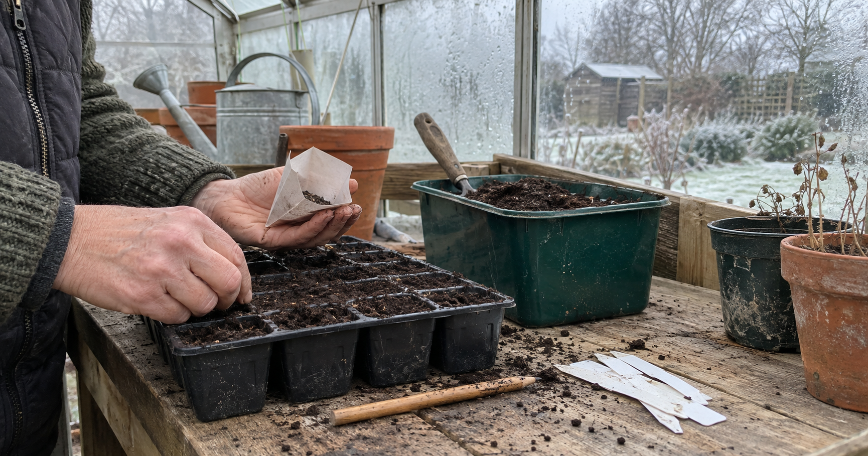 Gardener sowing hardy seeds in trays inside an unheated greenhouse during winter