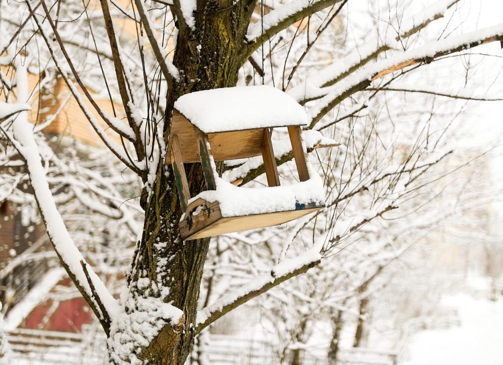 A snow covered winter garden birdhouse