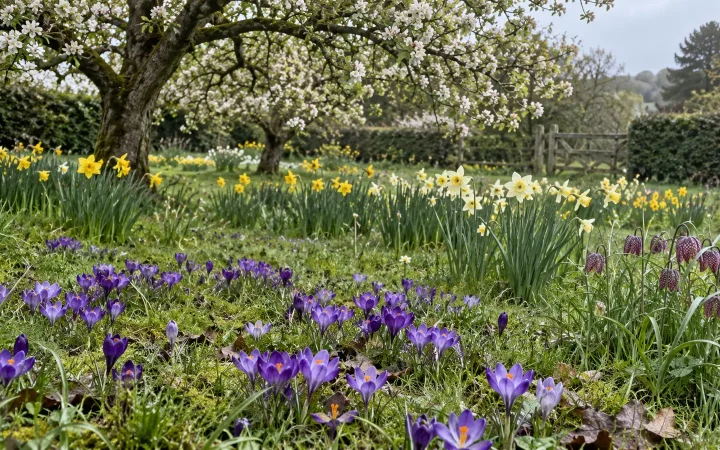 Naturalised crocuses, daffodils and snake’s head fritillaries flowering beneath an apple tree