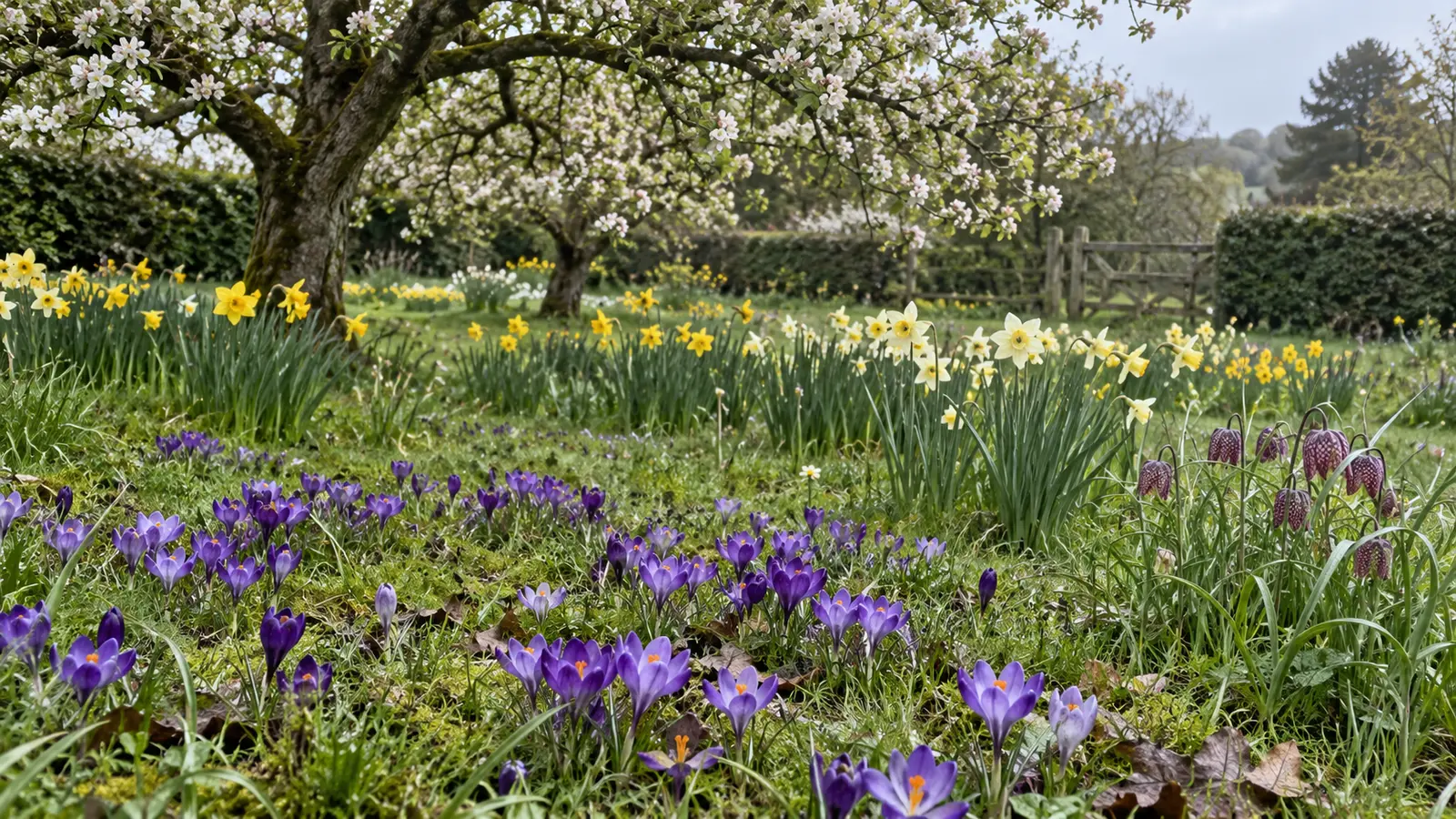 Naturalised crocuses, daffodils and snake’s head fritillaries flowering beneath an apple tree