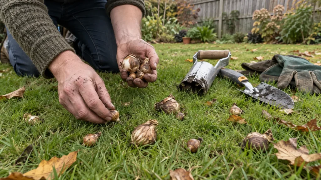 Gardener scattering daffodil bulbs and crocus corms across a lawn before planting