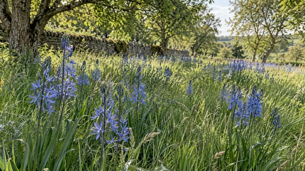 Blue camassias naturalised through long grass beside an old stone wall