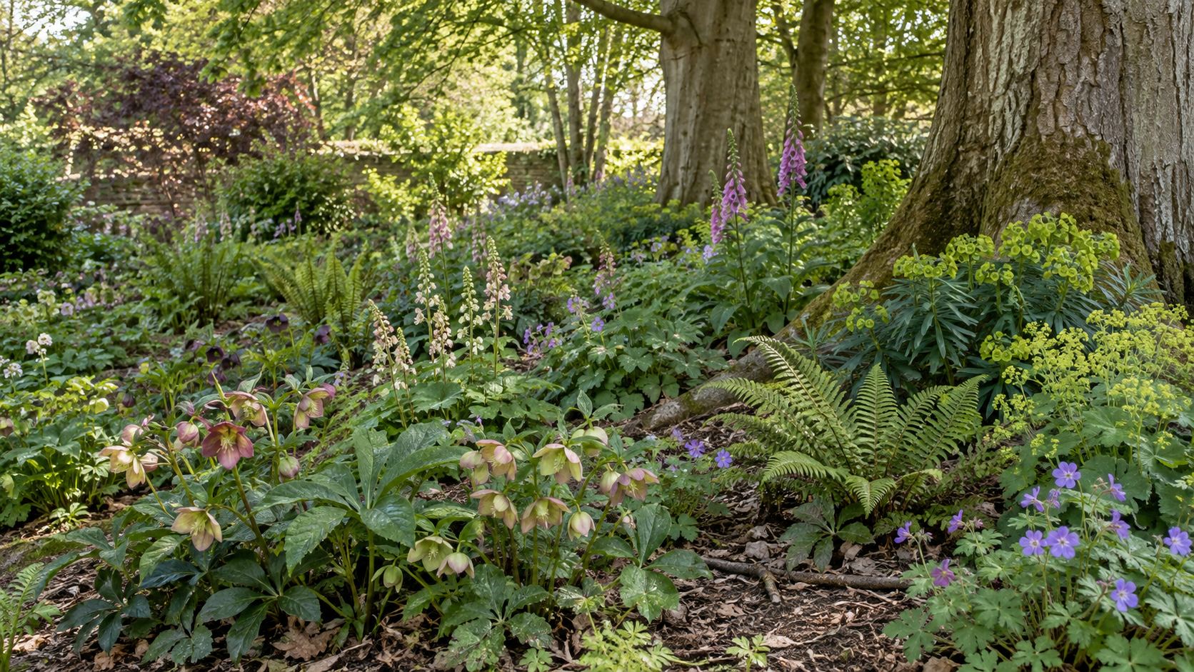 Established dry-shade planting beneath mature deciduous trees in a UK garden.