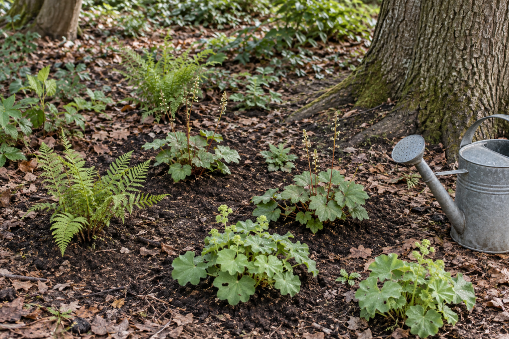 Young ferns and shade plants being established beneath a mature tree beside a watering can.