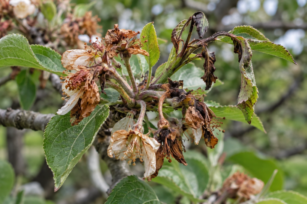 Apple blossom showing browned and wilted flowers consistent with blossom wilt symptoms