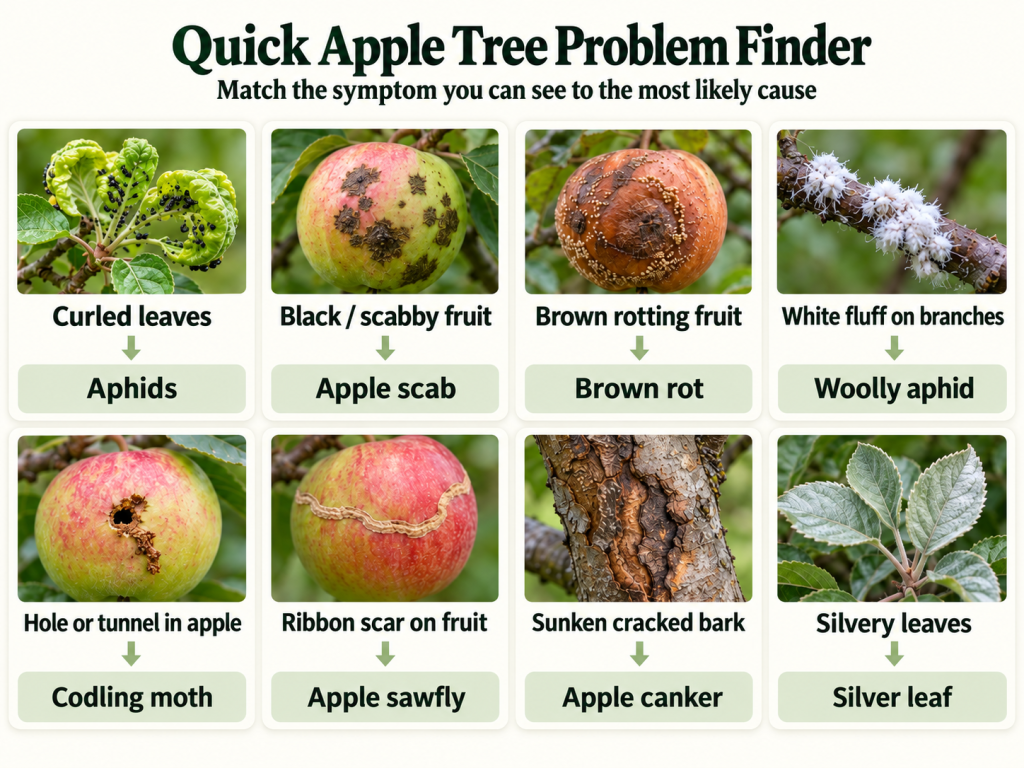 Quick apple tree problem finder showing common symptoms including curled leaves, apple scab, brown rot, woolly aphid, codling moth, apple sawfly, canker and silver leaf