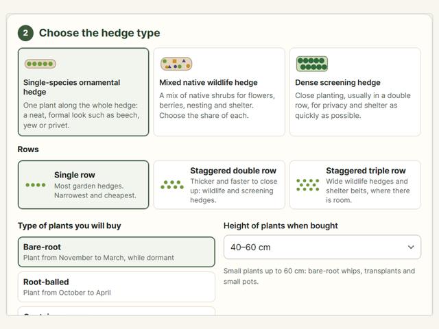 Hedge planting planner showing a scaled mixed native hedgerow with planting positions, a gate opening and different species.