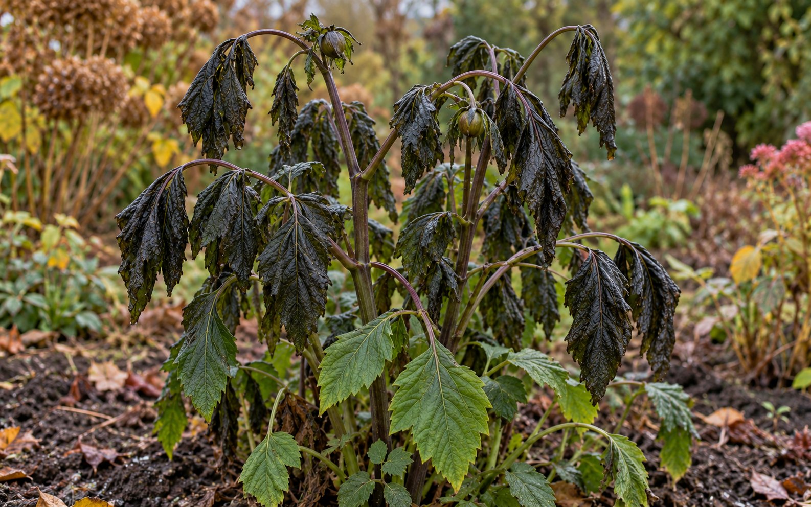 Blackened, drooping upper leaves and buds on a dahlia, with some lower foliage still green.
