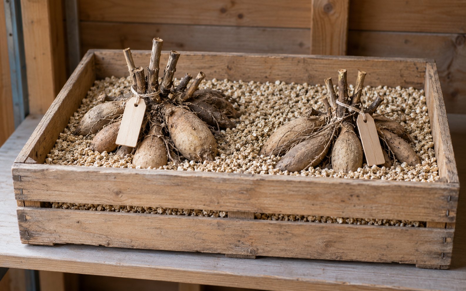 Two intact dahlia clumps with attached labels in a shallow wooden crate of dry vermiculite.