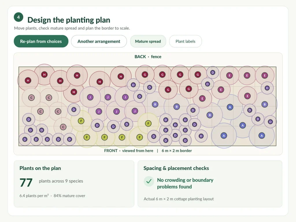 Flower border planner showing a scaled planting layout with 77 plants and their mature spread circles.