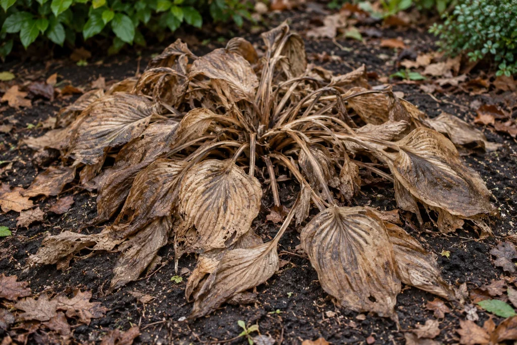Brown hosta leaves and stalks collapsed around the base of the plant.