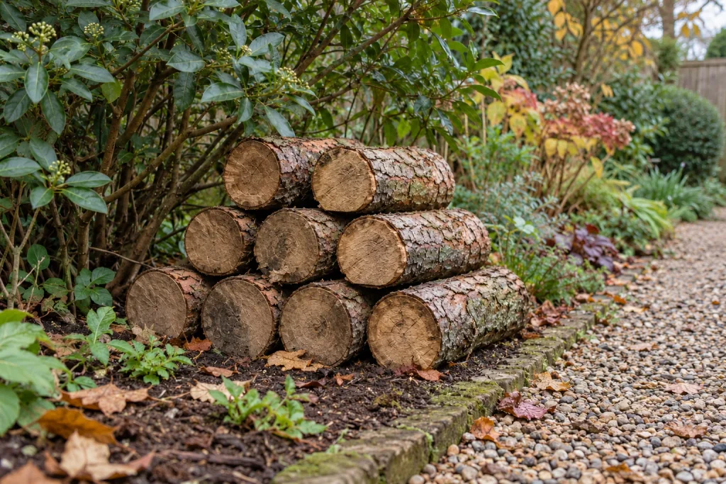 Nine bark covered logs stacked in three compact layers beside a gravel garden path.