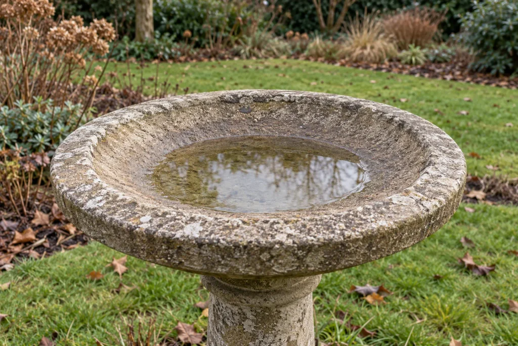 Shallow stone bird bath with rough sloping edges and clear water.