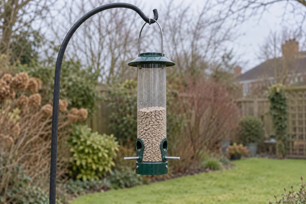 Hanging seed feeder with short perches and no base tray in a winter garden.
