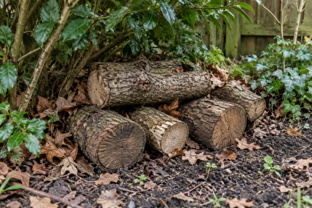 Low pile of bark covered logs resting on soil beneath shrubs, with fallen leaves around it.