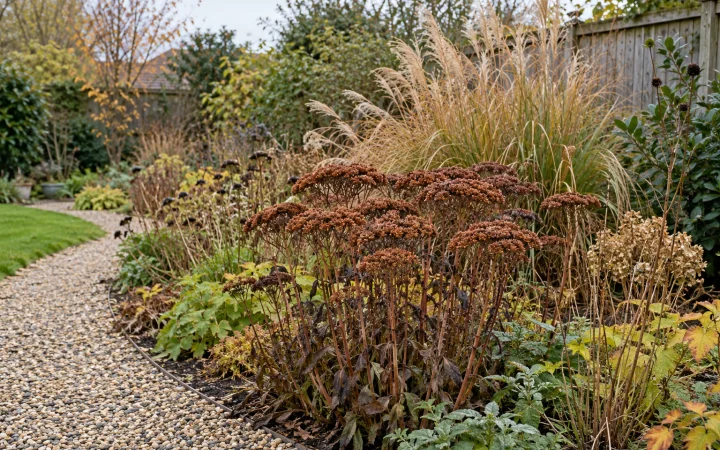 Autumn border with upright sedum seedheads and tawny grasses beside a clear gravel path.
