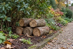 Low log pile beneath an evergreen shrub beside a clear gravel garden path.