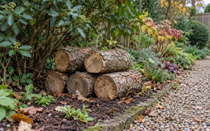 Low log pile beneath an evergreen shrub beside a clear gravel garden path.
