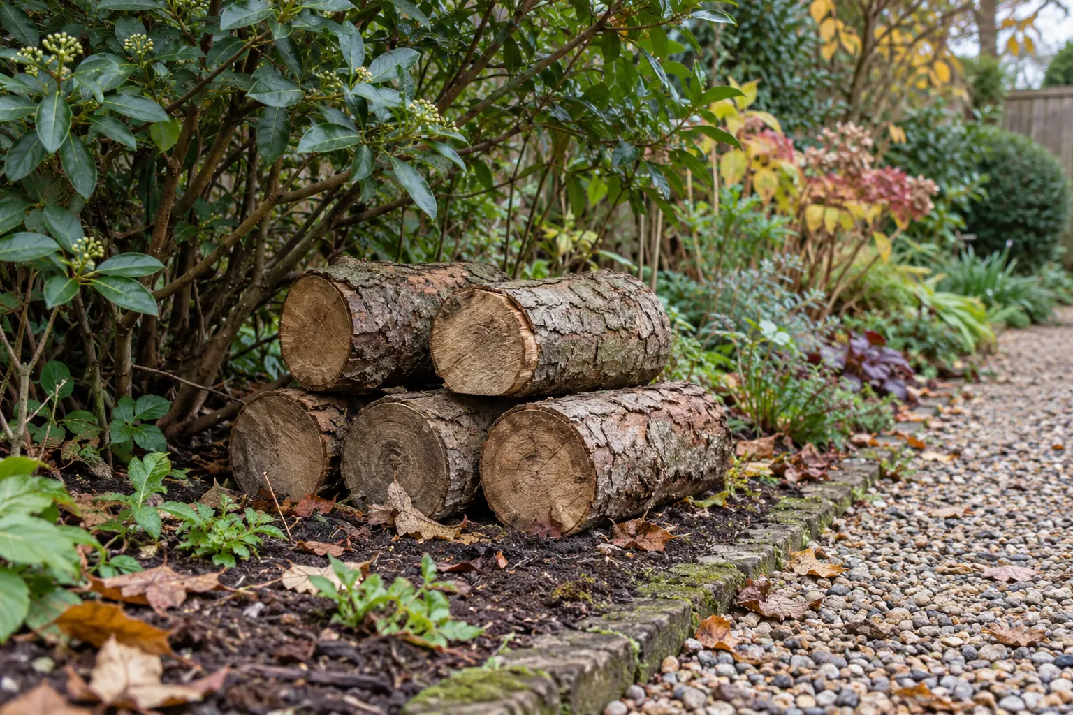 Low log pile beneath an evergreen shrub beside a clear gravel garden path.
