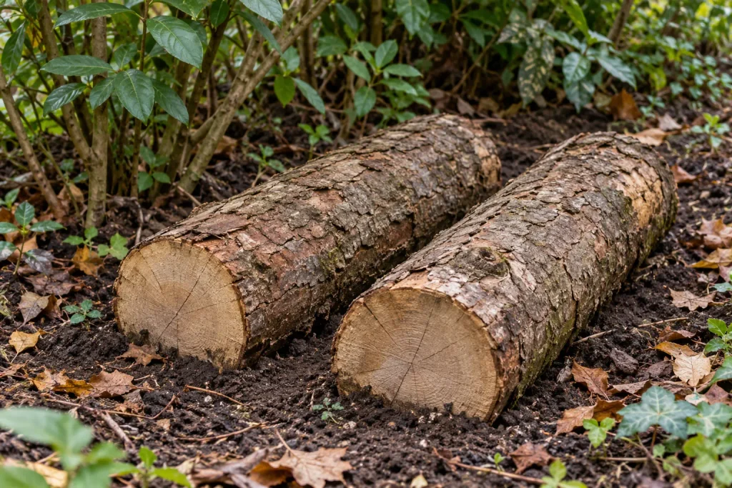 Two bark covered base logs nestled into soil beneath shrubs.
