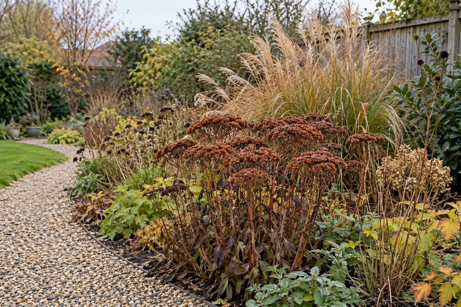 Autumn border with upright sedum seedheads and tawny grasses beside a clear gravel path.