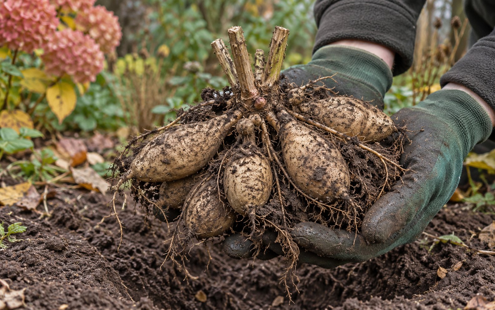 Two green-gloved hands supporting a lifted dahlia tuber clump from underneath.