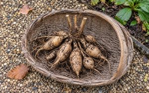 An intact lifted dahlia tuber clump with cut stems in a wicker trug on a gravel path.
