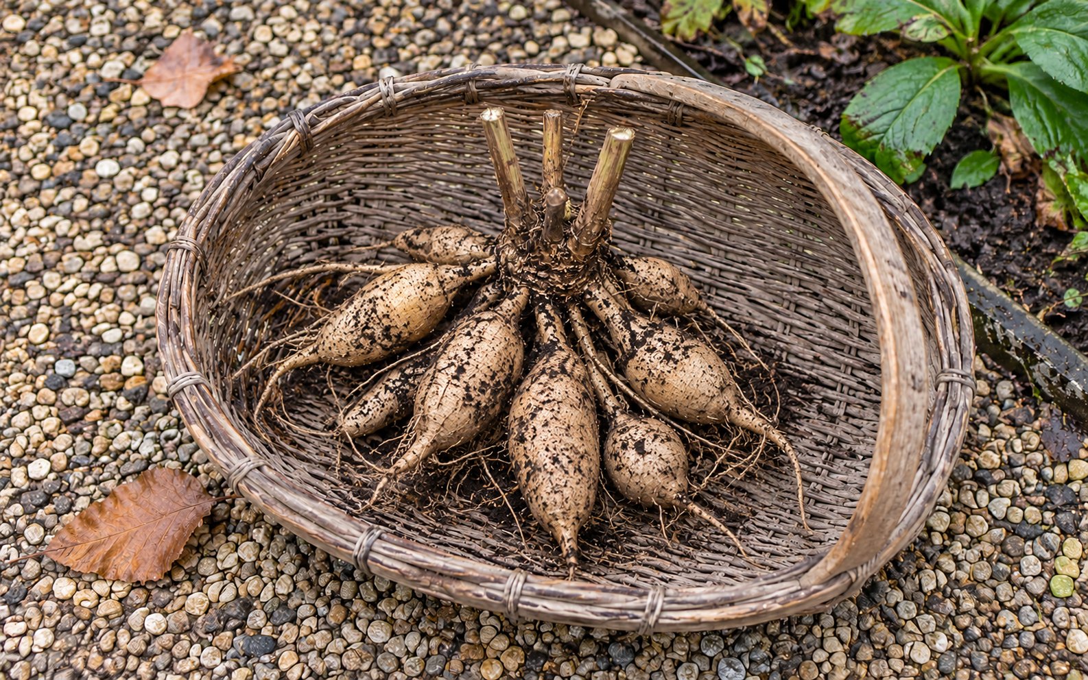 An intact lifted dahlia tuber clump with cut stems in a wicker trug on a gravel path.